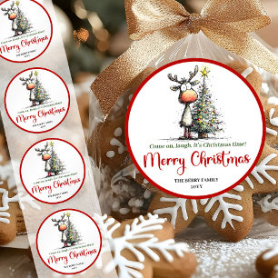 Charmantes Rentier lustiger verspielter Weihnachts Runder Aufkleber