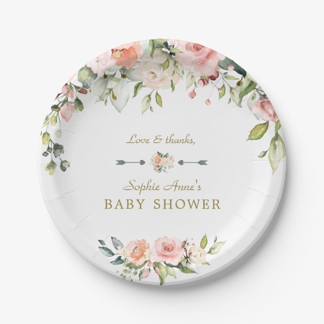 Charmantes Rosa Blush Creme Blume Babydusche Pappteller (Vorderseite)
