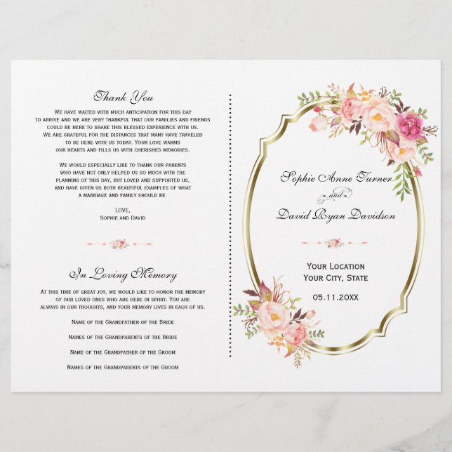 Charmantes Rosa Blush Floral Gold Hochzeitsprogram (Vorderseite)