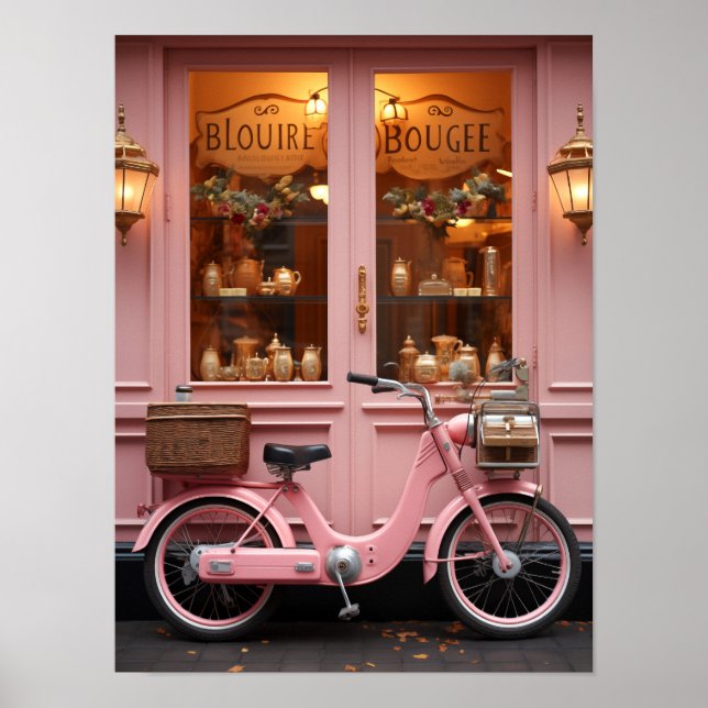 Charmantes rosa Schaufenster mit Vintagem Moped Poster (Vorne)