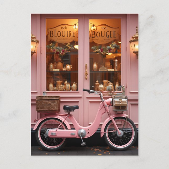 Charmantes rosa Schaufenster mit Vintagem Moped Postkarte (Vorderseite)