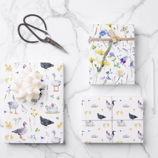 Charmantes rustikales Landhaus Hühner floral Geschenkpapier Set (Vorderseite)