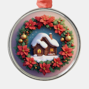 Charmantes schneebedecktes Ferienhaus, geschmückt  Ornament Aus Metall