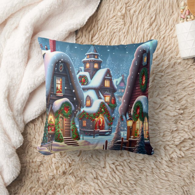 Charmantes, schneesicheres Weihnachtsdorf Kissen (Decke)