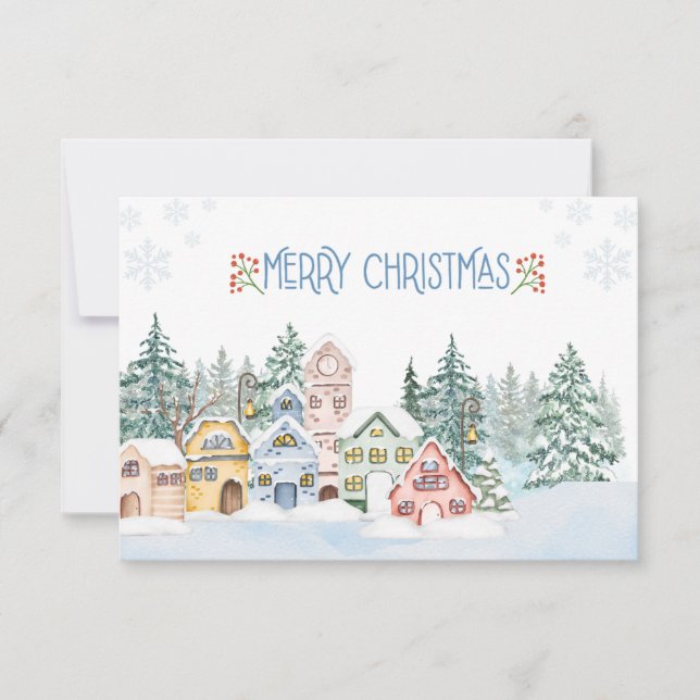 Charmantes Snowy Village Wasserfarben Weihnachten Dankeskarte (Vorderseite)