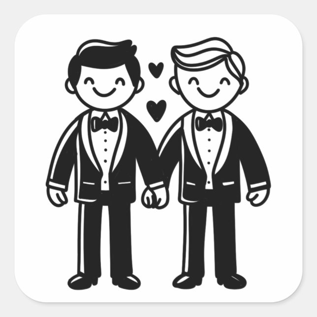 Charmantes Strichmännchen Gay Grooms Hochzeit Quadratischer Aufkleber (Vorderseite)