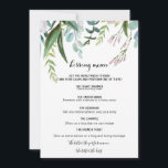 Charmantes tropisches Flora und Fauna Kissing Menü<br><div class="desc">Dieses charmante,  tropische,  blumengeschmückte und grüne Kissingmenü eignet sich perfekt für einen rustikalen Hochzeitsempfang. Dieses bezaubernde,  handbemalte Design besticht durch wertvolle Blüten,  violette Blumen und grünes Laub,  das in eleganten Bouquets gepflegt ist.</div>