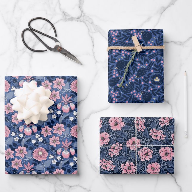 Charmantes, Viktorianisch inspiriert Blau und Rosa Geschenkpapier Set (Vorderseite)