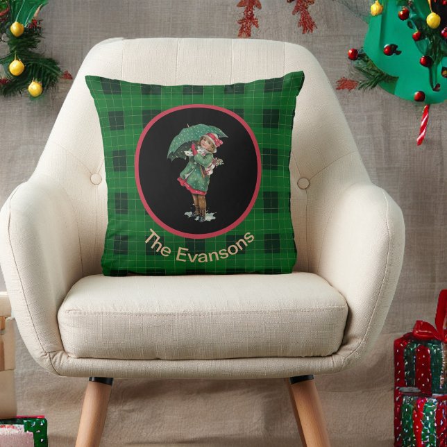 Charmantes Vintages Mädchen mit Regenschirm auf Gr Kissen (Von Creator hochgeladen)