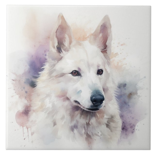 Charmantes weißes Sapsali Dog Aquarellbild Fliese (Vorderseite)