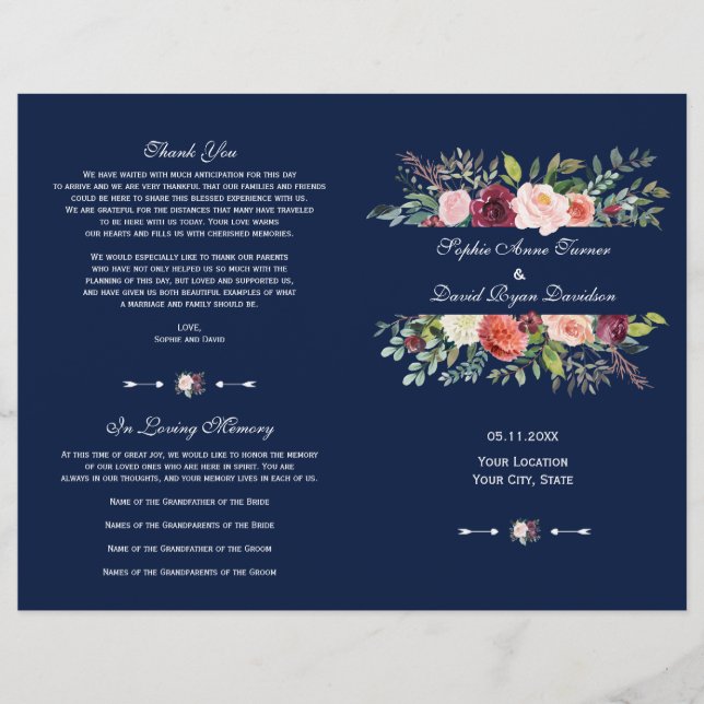 Charme Bourgogne Cadre Floral Bleu foncé Programme (Devant)