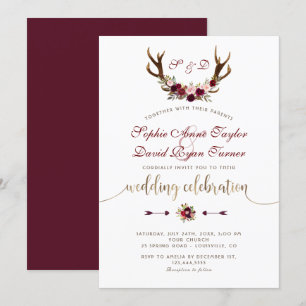 Charme Burgund-Marsala-Blumen-Geweih Gold Hochzeit Einladung