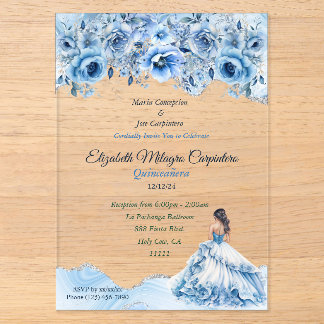Charming Baby Blue und Silver Quinceñera Floral Acryleinladungen