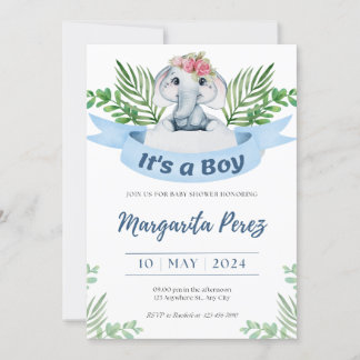 Charming Baby Boy Elephant Illustration Einladung