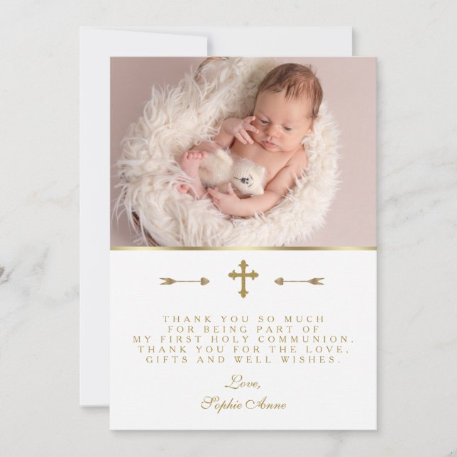 Charming Baby Foto Gold Cross Heilige Kommune Dankeskarte (Vorderseite)