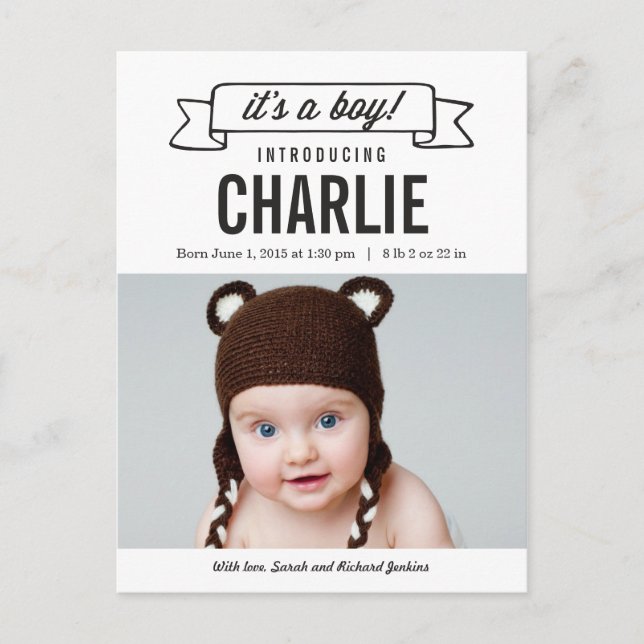 Charming Banner Birth Announcement - Baby Boy Ankündigungspostkarte (Vorderseite)