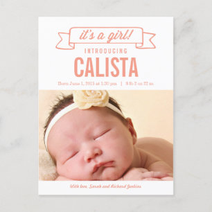 Charming Banner Birth Announcement - Baby Girl Ankündigungspostkarte