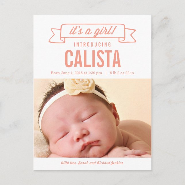 Charming Banner Birth Announcement - Baby Girl Ankündigungspostkarte (Vorderseite)
