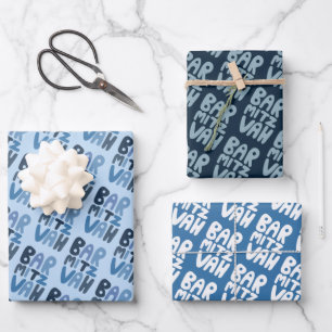 Charming Bar Mitzvah Handlettering jüdischer Blaue Geschenkpapier Set