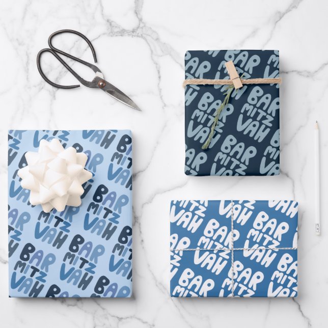 Charming Bar Mitzvah Handlettering jüdischer Blaue Geschenkpapier Set (Vorderseite)