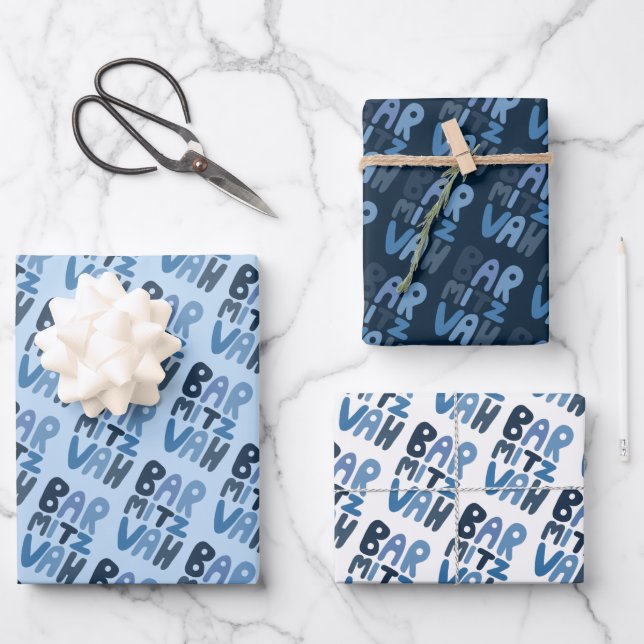 Charming Bar Mitzvah Handlettering jüdischer Blaue Geschenkpapier Set (Vorderseite)