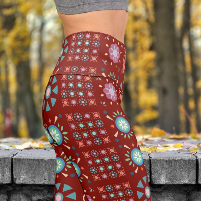 Charming Barn Red Scandinavian Folk Pattern Yoga Capri Leggings (Scandinavian Folk on Barn Red)
