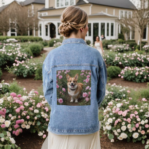 "Charming Begleiter: Ein Corgi im rosa Rosengarten Jeansjacke