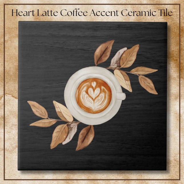 Charming Black Illustrative Heart Latte Coffee  Fliese (Charming Black Illustrative Heart Latte Coffee Accent Ceramic Tile)