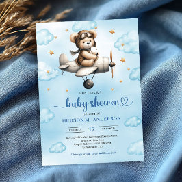 Charming Blue Brown Teddy Bear Pilot Baby Shower  Einladung