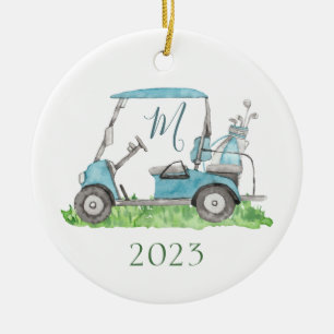 Charming Blue Golf Cart Monogram Wassercolor Keramik Ornament