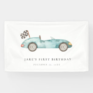 Charming Blue Race Car Birthday Banner