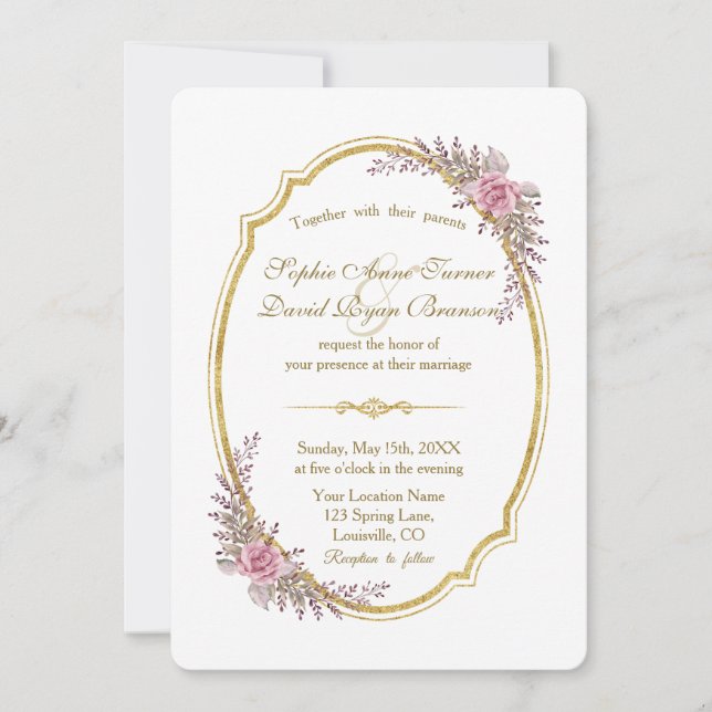 Charming Blush Bloral Gold Rahmen Hochzeitsempfang Einladung (Vorderseite)