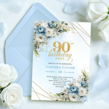 Charming Boho Blue Floral Eucalyptus 90th Birthday