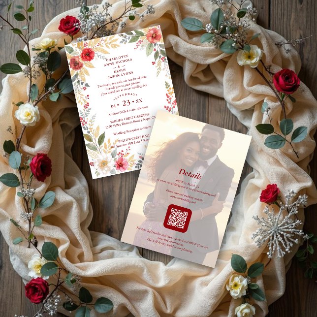 Charming Botanical Winter Frame Back Photo Wedding Einladung (Charming Botanical Winter Frame & Back Photo Wedding Invitation Cards with Back Modern QR Code. )