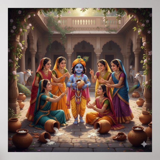 Charming Bright Bala Krishna mit Gopis Poster (Vorne)