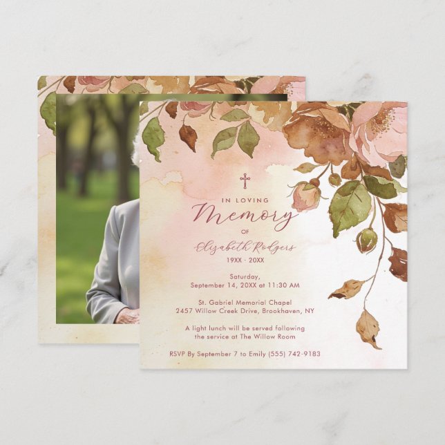 Charming Brown Floral Watercolor Effect Funeral  Einladung (Vorne/Hinten)