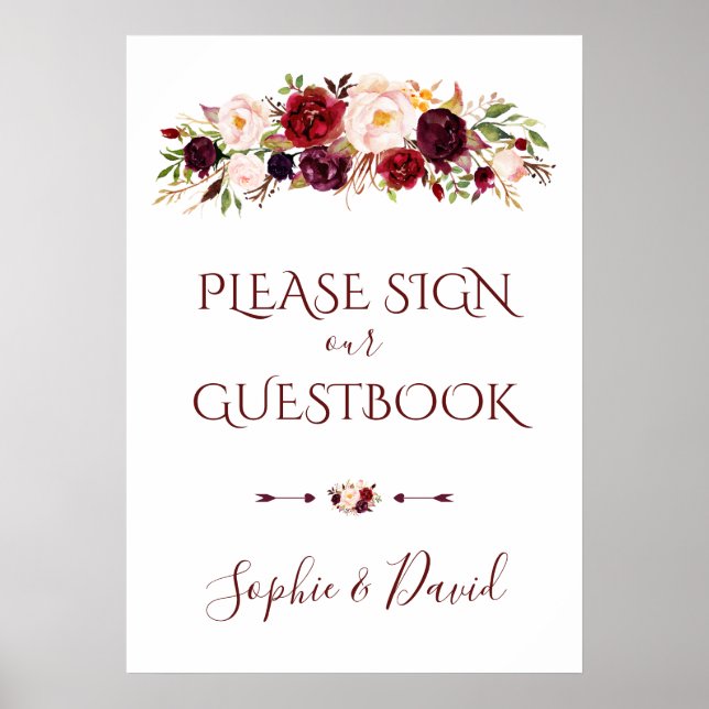 Charming Burgundy Marsala Floral Gästebuchuntersch Poster (Vorne)