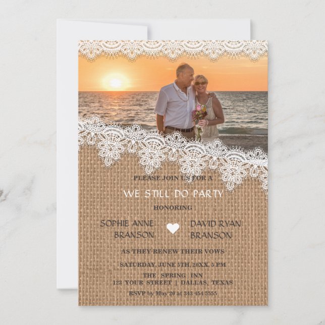 Charming Burlap Lace Foto machen wir immer noch Einladung (Vorderseite)