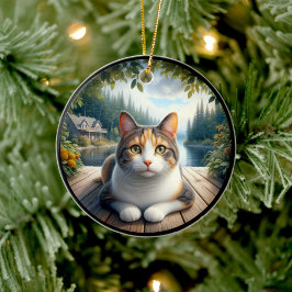Charming Calico Cat Rustic Scene  Keramik Ornament