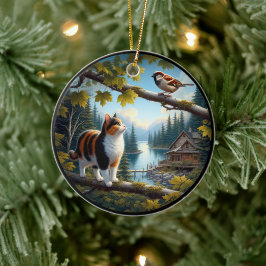 Charming Calico Cat Rustic Scene  Keramik Ornament