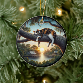 Charming Calico Cat Rustic Scene  Keramik Ornament