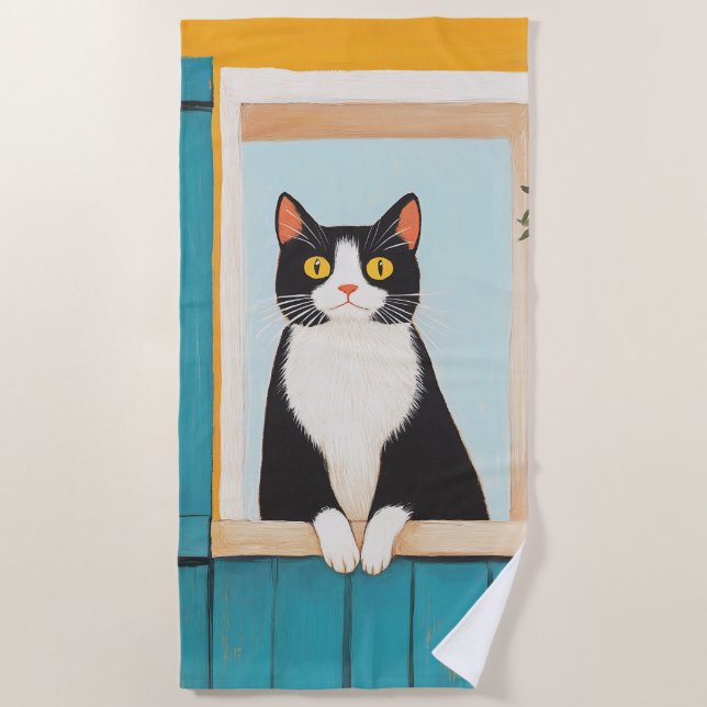 Charming Cat im Fenster Strandtuch (Vorderseite)