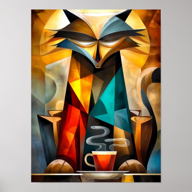 Charming Cat - Kubistischer Philosoph mit Kaffee Poster (Vorne)