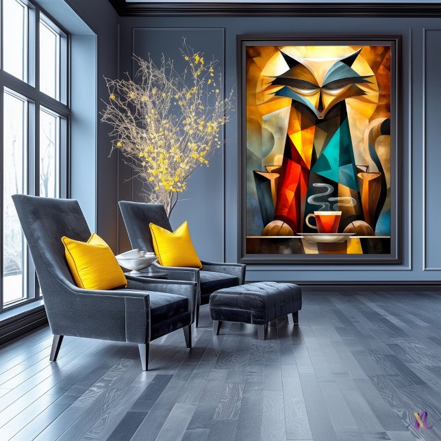 Charming Cat - Kubistischer Philosoph mit Kaffee Poster (Von Creator hochgeladen)