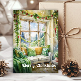 Charming Christmas scene card classic red green Feiertagskarte