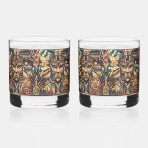 Charming Cyan "Mesoamerican Motif" Art Glass Tumbl Whiskyglas