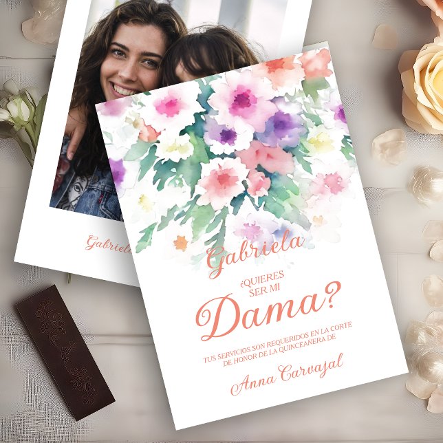 Charming Delicate Colorful Wildflowers Quinceañera Einladung (Peach Spanish Charming Delicate Colorful Wildflowers Quinceañera Dama with Photo Proposal Card. )