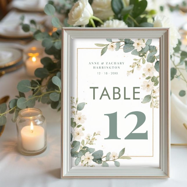Charming Delicate Flowers & Eucalyptus Wedding Tischnummer (Charming Delicate Flowers and Eucalyptus Wedding Table Number Cards with Garden Inspired Design. )