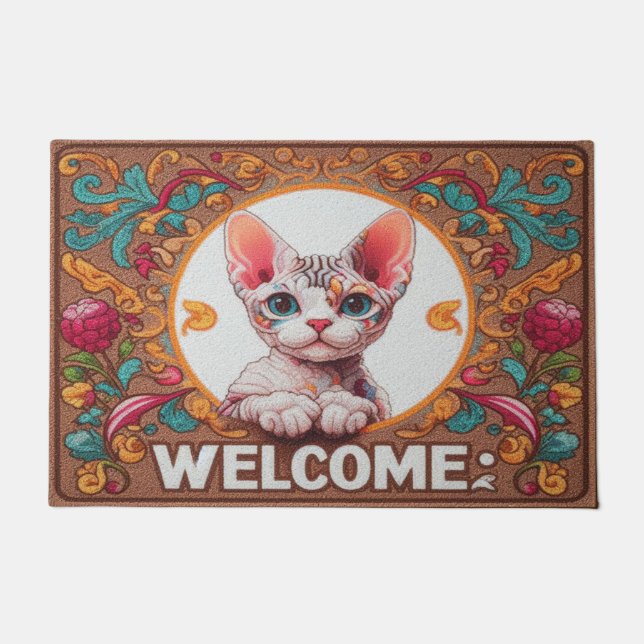 Charming Devon Rex Cat Vibranly Ränder Willkommen Fußmatte (Vorderseite)
