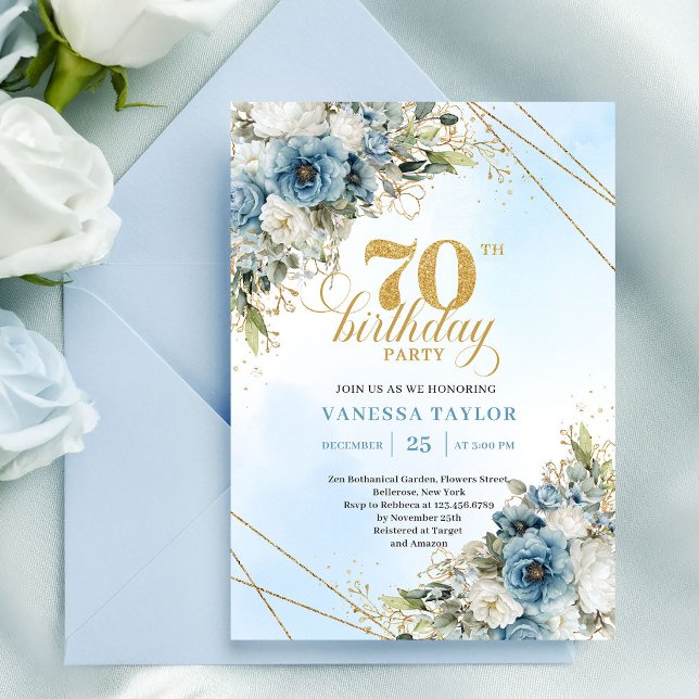 Charming dusty blue florals gold frame 70th bday einladung (Charming dusty blue florals gold frame 70th birthday

)